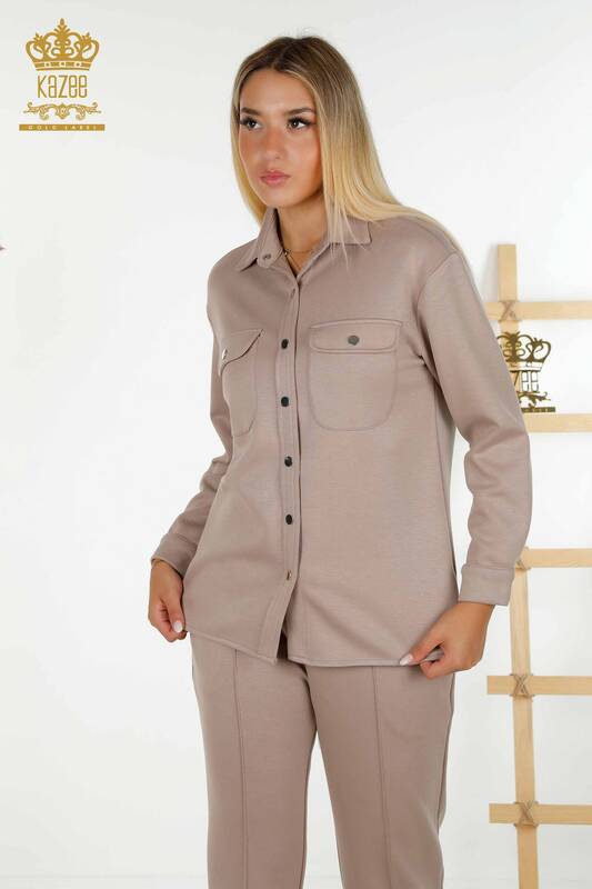 Großhandel Damen-Trainingsanzug-Set - Knopfdetail - Dunkles Nerz - 17555 | KAZEE