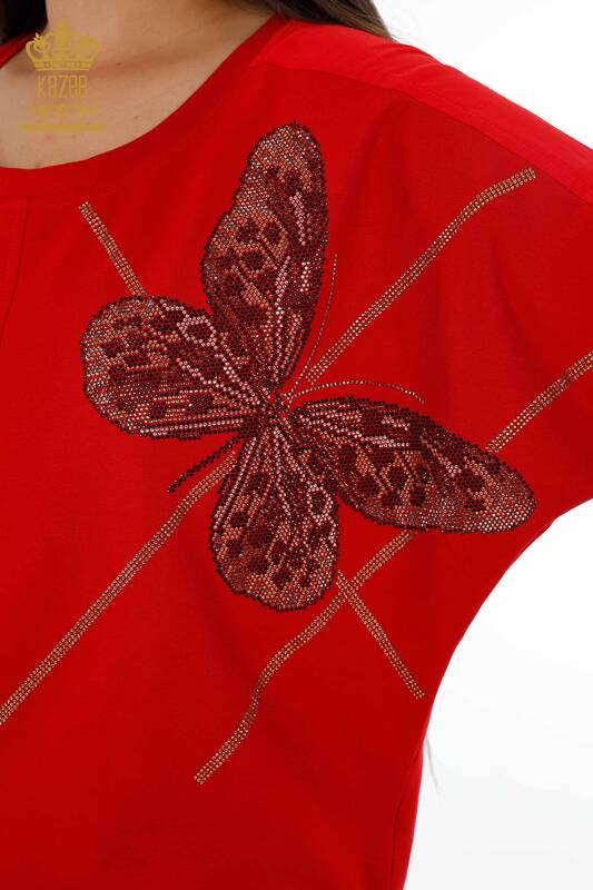 Großhandel Damen-Trainingsanzug-Set – Schmetterlingsmuster – Taschen – Steinbestickt – Kurzarm – 17407 | KAZEE