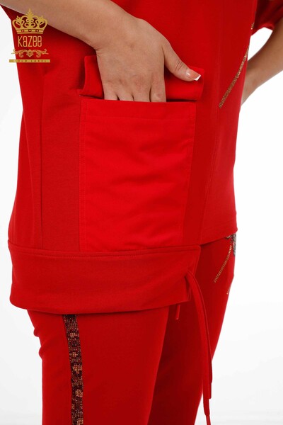 Großhandel Damen-Trainingsanzug-Set – Schmetterlingsmuster – Taschen – Steinbestickt – Kurzarm – 17407 | KAZEE - Thumbnail