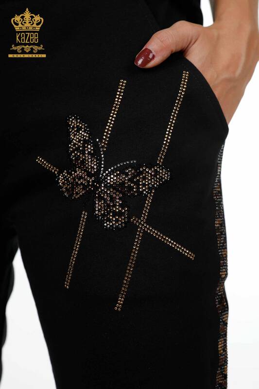 Großhandel Damen-Trainingsanzug-Set – Schmetterlingsmuster – Taschen – Steinbestickt – Kurzarm – 17407 | KAZEE