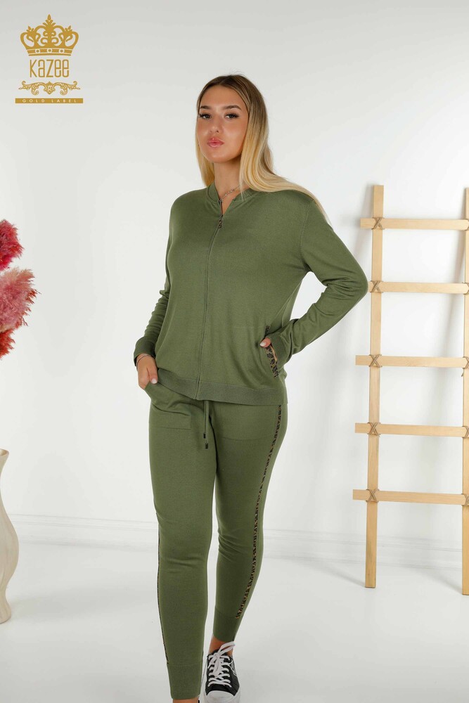 Großhandel Damen-Trainingsanzug-Set - Stein bestickt - Khaki - 16677 | KAZEE - 1