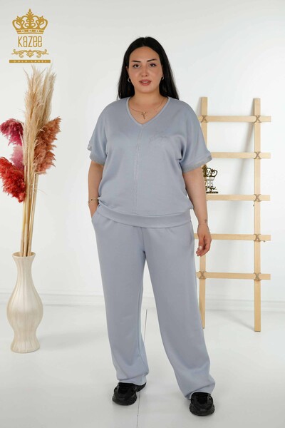 Großhandel Damen-Trainingsanzug-Set - Stein bestickt - Taschen - Blau – 20391 | KAZEE 