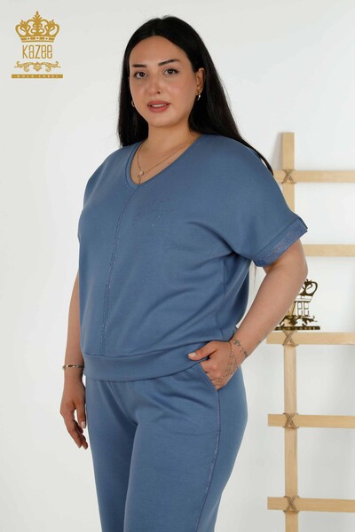 Großhandel Damen-Trainingsanzug-Set - Steinbestickt - Taschen - Indigo - 20391 | KAZEE - 2