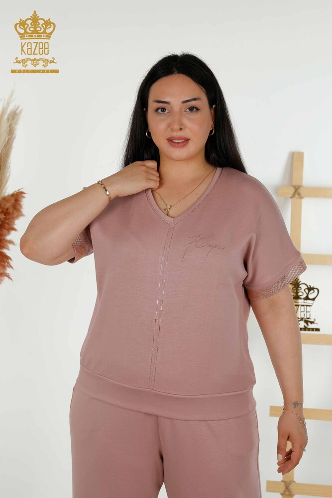 Großhandel Damen-Trainingsanzug-Set - Steinbestickt - Taschen - Rose - 20391 | KAZEE - 2