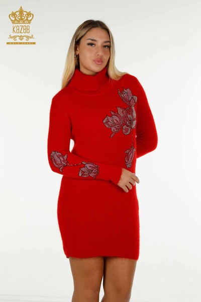 Großhandel Damen-Tunika - Angora - Blumen Stein Bestickt Rot - 18887 | KAZEE - Kazee (1)