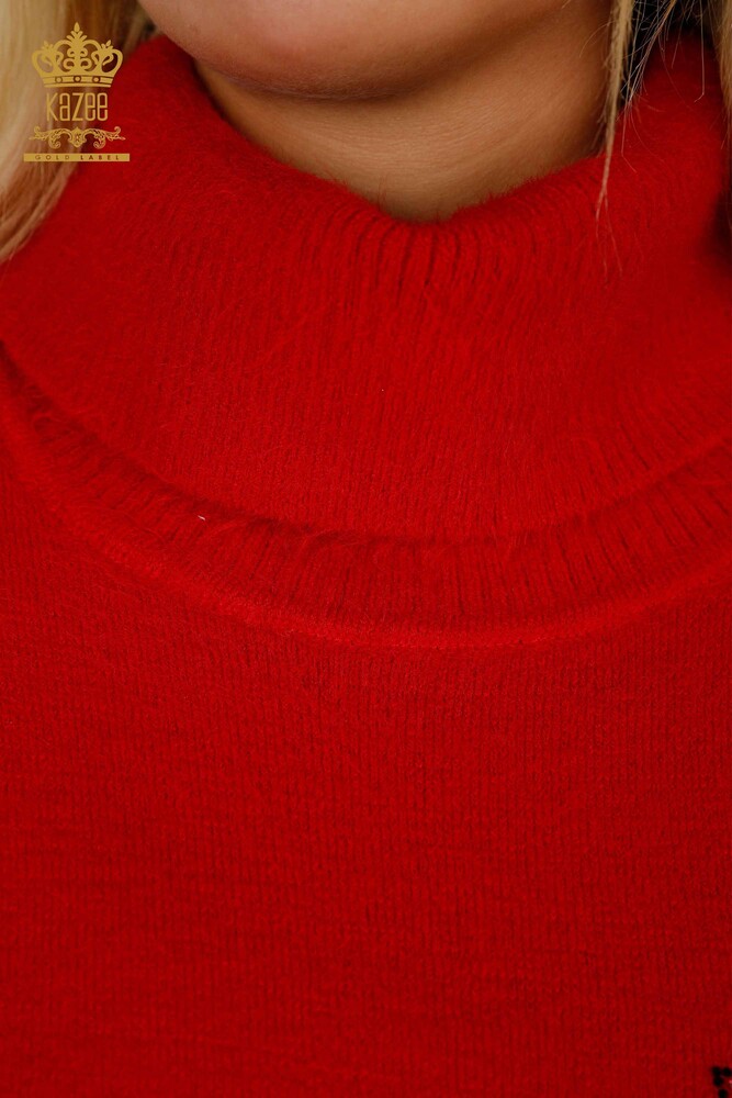 Großhandel Damen-Tunika - Angora - Blumen Stein Bestickt Rot - 18887 | KAZEE - 4