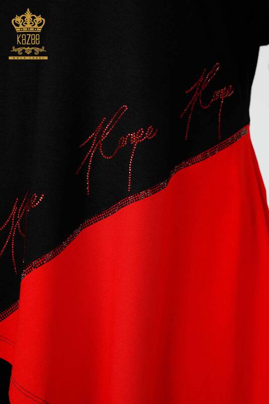 Großhandel Damen Tunika - Gestreift - Zwei Farben - Schwarz Rot - 77730 | KAZEE