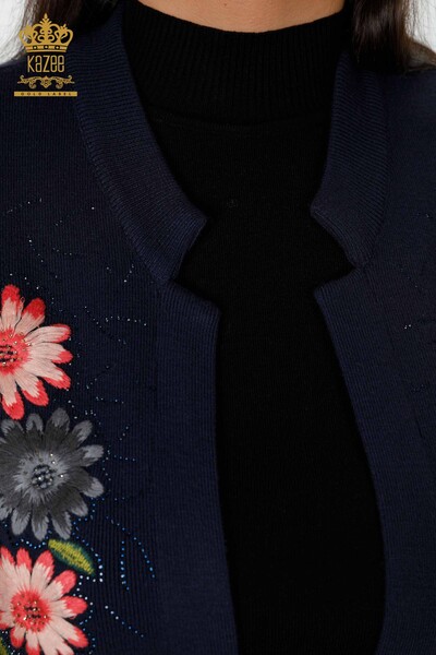 Großhandel Damen Weste - Blumen muster - Marineblau - 16804 | KAZEE - 5
