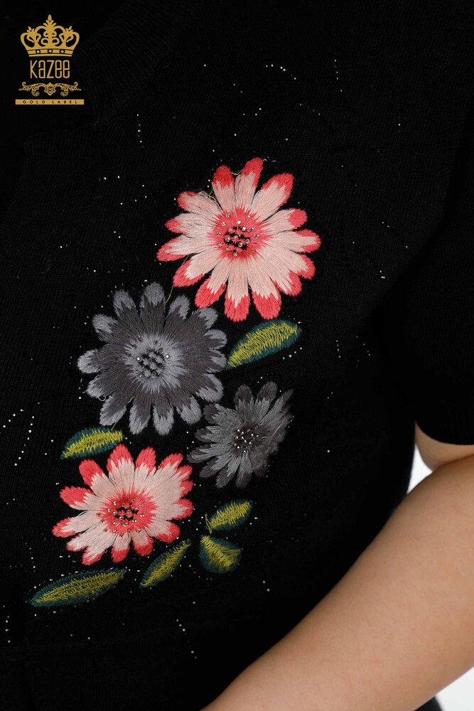 Großhandel Damenweste - Blumenmuster - Schwarz - 16804 | KAZEE - 5