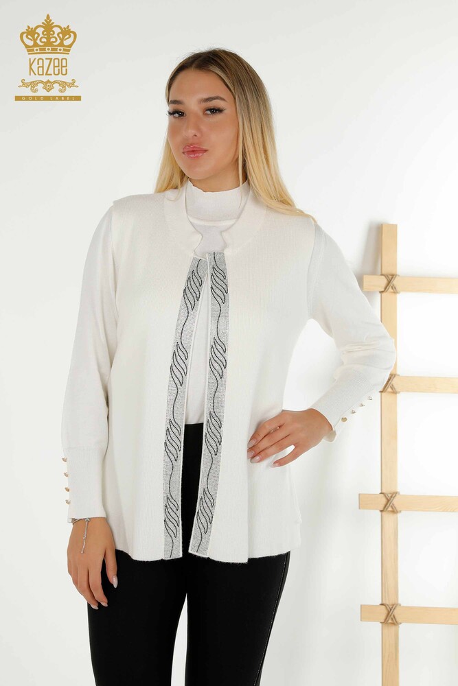 Großhandel Damen Weste - Bunt Stein bestickt - Ecru - 30617 | KAZEE - 1