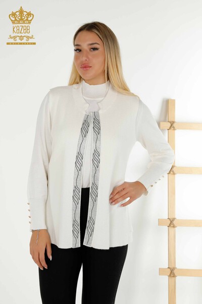 Großhandel Damen Weste - Bunt Stein bestickt - Ecru - 30617 | KAZEE 