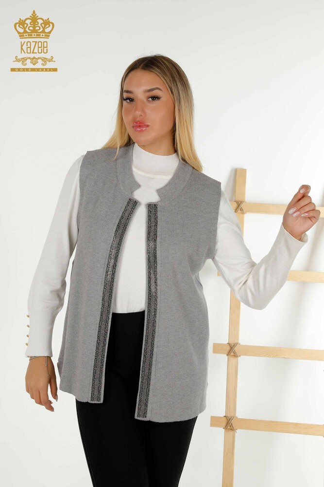 Großhandel Damen Weste - Kristall Stein bestickt - Grau - 30606 | KAZEE - 1