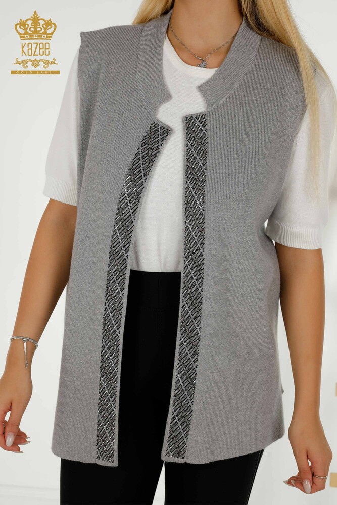 Großhandel Damen Weste - Kristall Stein bestickt - Grau - 30609 | KAZEE - 2