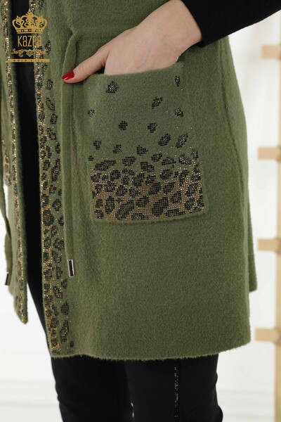 Großhandel Damen Weste Leopard Stein bestickt Khaki - 30245 | KAZEE - Thumbnail