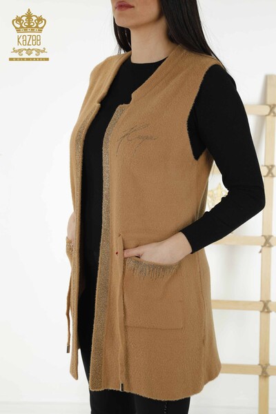 Großhandel Damen Weste Stone Embroidered Corded Camel - 30244 | KAZEE - Thumbnail