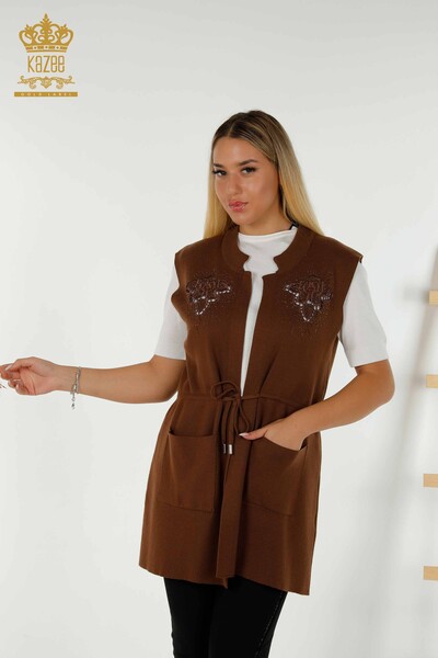 Großhandel Damen Weste - Stein bestickt - Braun - 16830 | KAZEE 