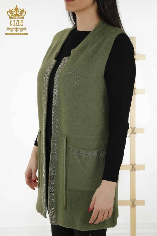 Großhandel Damen Weste Stone Embroidered Corded Khaki - 30244 | KAZEE