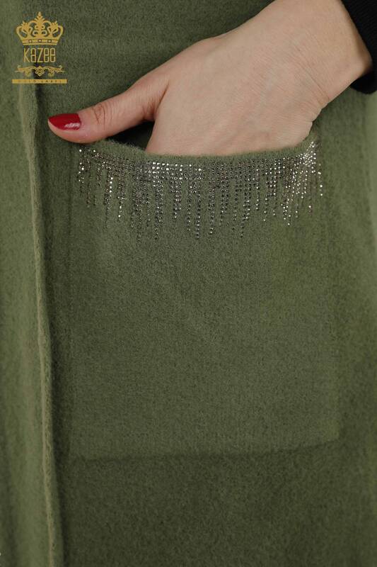 Großhandel Damen Weste Stone Embroidered Corded Khaki - 30244 | KAZEE