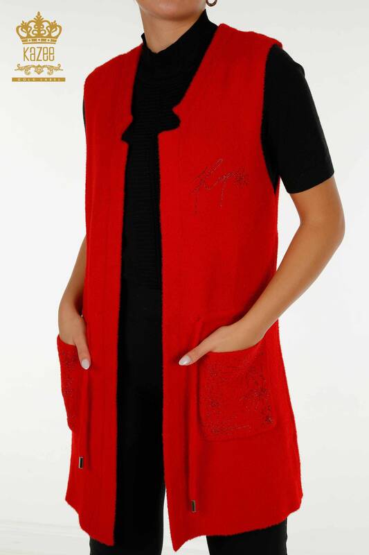 Großhandel Damen Weste - Zwei Taschen - Rot - 30582 | KAZEE