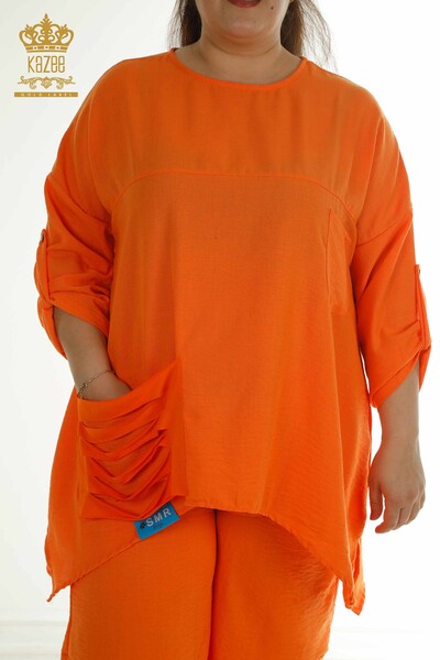 Großhandel Zweiteiliger Damen Anzug im - Taschen details - Orange - 2402-211031 | S&M - Thumbnail