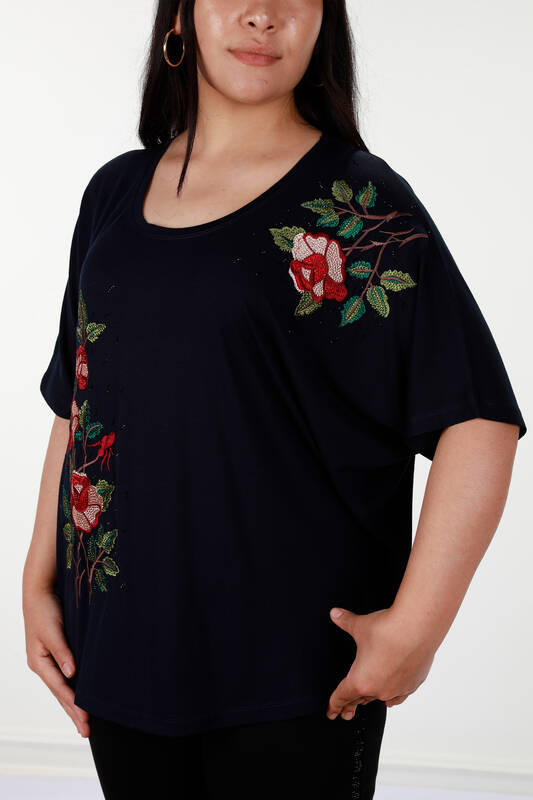 Großhandel Damenbekleidung Bluse - Stickerei Rose und Steinmuster - 78875 | KAZEE