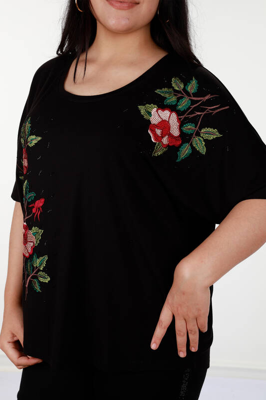 Großhandel Damenbekleidung Bluse - Stickerei Rose und Steinmuster - 78875 | KAZEE