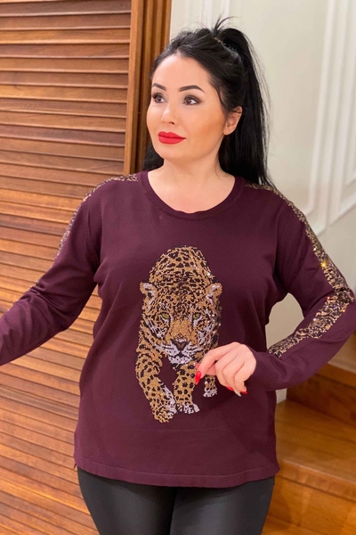 Großhandel Damenbekleidung Damenstrickwaren mit Leopardenmuster - 16199 | Kazee - Thumbnail