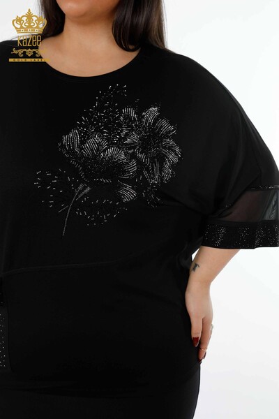Großhandel Damen bluse - Ärmel Tülldetail - Tasche - Blumenmuster - 79026 | KAZEE - Thumbnail