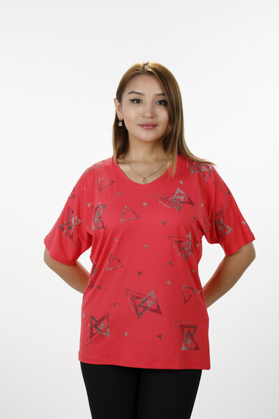 Großhandel Damen Bluse - Asymmetrisches Muster - Steinbestickt - Kurzarm - 77795 | KAZEE - Thumbnail