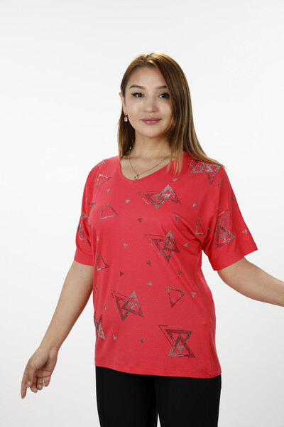 Großhandel Damen Bluse - Asymmetrisches Muster - Steinbestickt - Kurzarm - 77795 | KAZEE - Thumbnail