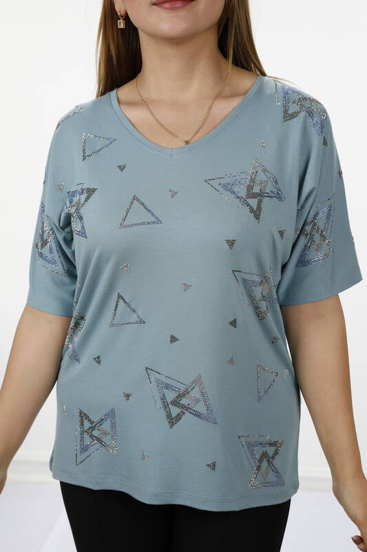 Großhandel Damen Bluse - Asymmetrisches Muster - Steinbestickt - Kurzarm - 77795 | KAZEE