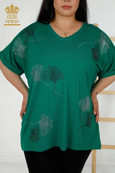 Großhandel Damen Bluse - Blatt Muster - Grün - 79318 | KAZEE - Thumbnail