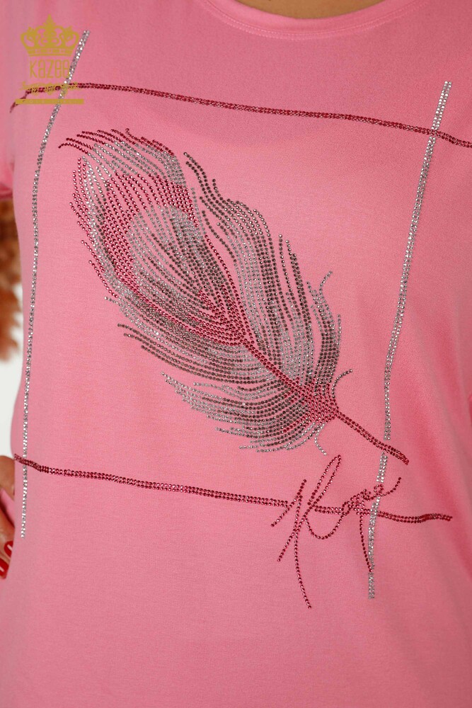 Großhandel Damenbluse Blattmuster Rosa - 78878 | KAZEE - 3