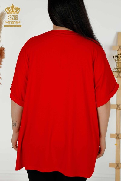 Großhandel Damen Bluse - Blattmuster - Rot - 79318 | KAZEE - Thumbnail