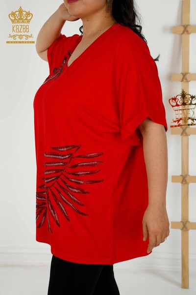 Großhandel Damen bluse - Blattmuster - Rot - 79319 | KAZEE - Thumbnail