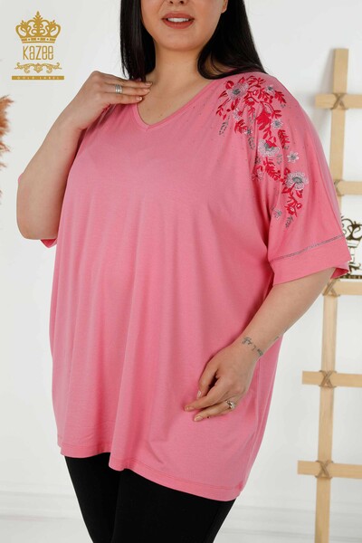 Großhandel Damen Bluse - Blumen Muster - Rosa - 79068 | KAZEE - Thumbnail