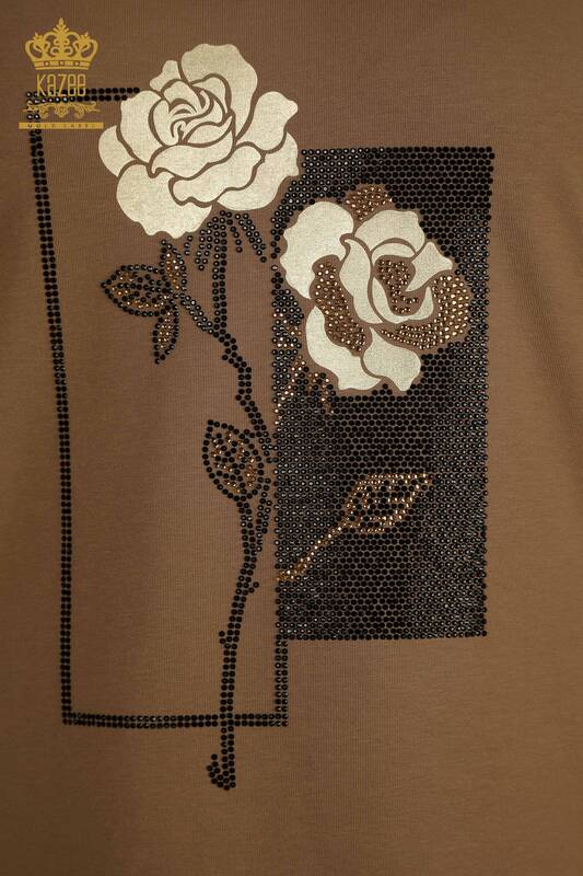 Großhandel Damen Bluse - Blumen Stickerei - Braun - 79860 | KAZEE