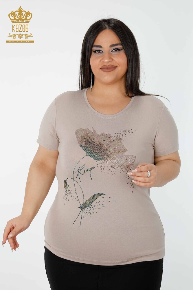 Großhandel Damenbluse - Bunt Stein bestickt - Beige - 78924 | KAZEE - 1