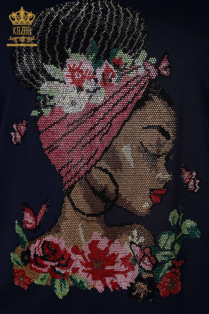 Großhandel Damenbluse Farbiger Stein Gesticktes Marineblau - 78913 | KAZEE - 3