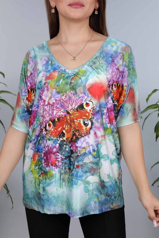 Großhandel Damen Bluse - Digitaldruck - Buntes Schmetterlings Muster -12005 | KAZEE