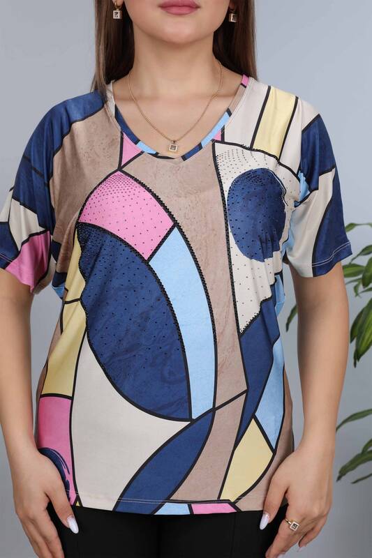 Großhandel Damen Bluse - Digitaldruck - Gestreifte Farbe - 12024 | KAZEE