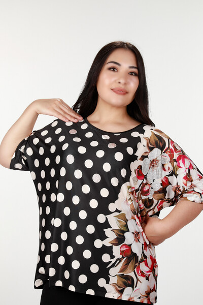 Großhandel Damen Bluse - Digital Polka Dot Blumenmuster - 12049 | KAZEE - Thumbnail
