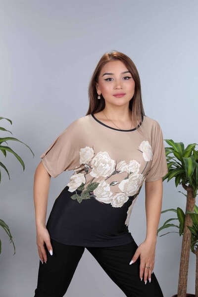 Großhandel Damen Bluse - Digitaldruck - Rosenmuster - 12011 | KAZEE - Thumbnail