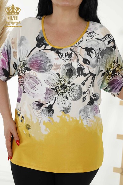 Großhandel Damen bluse - Digitaldruck - Safran - 12001 | KAZEE - Thumbnail