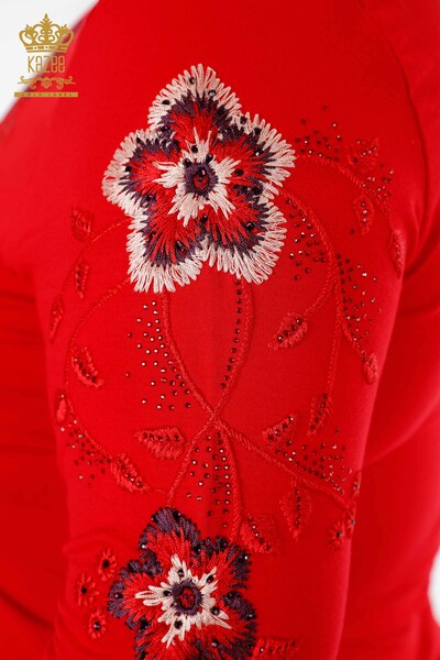 Großhandel Damen Bluse - Rundhalsausschnitt - Blumenmuster - Stein Bestickt – 79017 | KAZEE - Thumbnail
