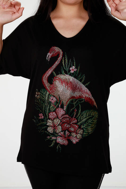 Großhandel Damen Bluse im - Flamingo-Detail - bestickter Stein - 78930 | KAZEE
