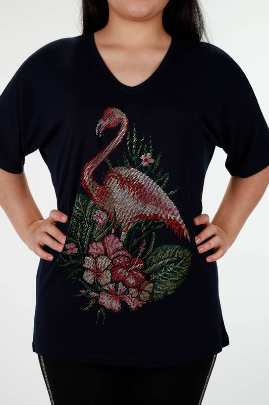 Großhandel Damen Bluse im - Flamingo-Detail - bestickter Stein - 78930 | KAZEE