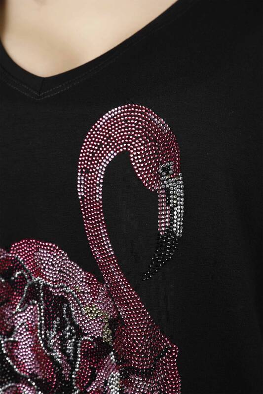 Großhandel Damen Bluse - Flamingo Muster - Steinbestickt - 77507 | KAZEE