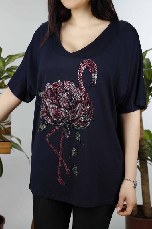 Großhandel Damen Bluse - Flamingo Muster - Steinbestickt - 77507 | KAZEE