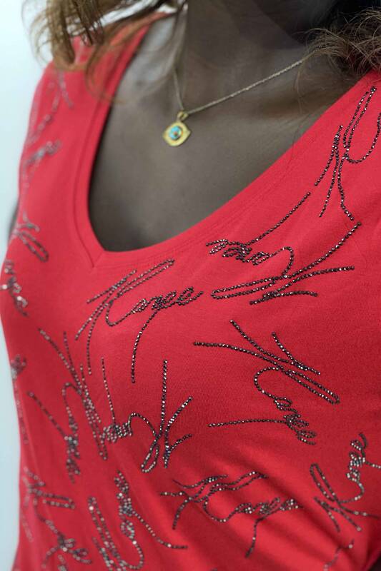 Großhandel Damen Bluse im – Kazee-Logo – V-Ausschnitt – bestickt – 77784 | KAZEE